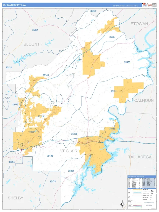 St. Clair County, AL ZIP Code Wall Map, Business Reference style