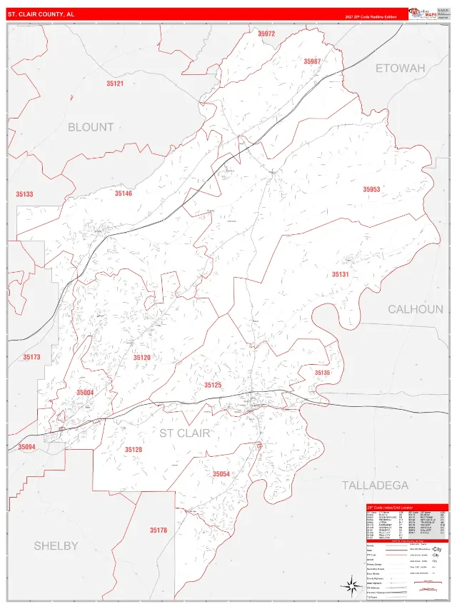 St. Clair County, AL ZIP Code Wall Map, RedLine style