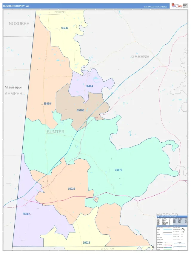 Sumter County, AL ZIP Code Wall Map, ColorCast style