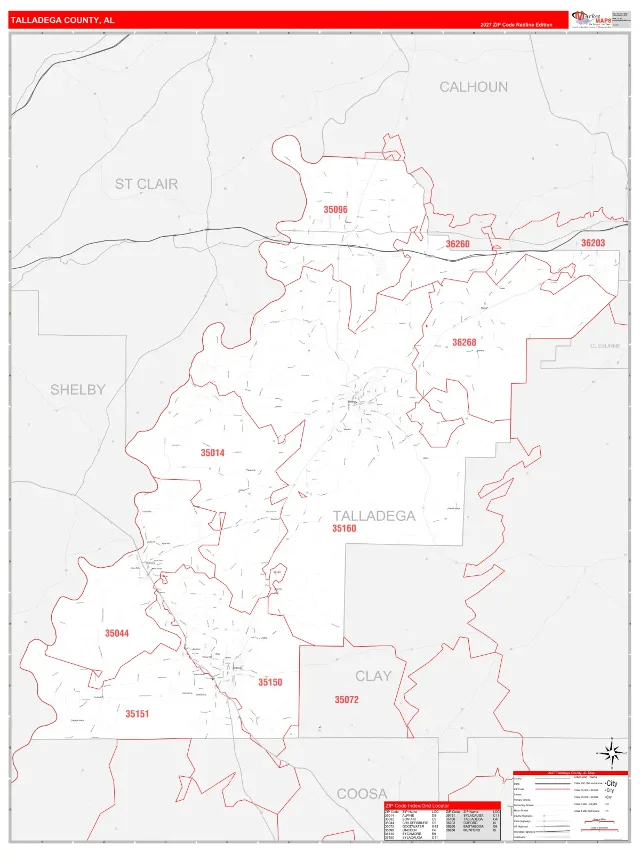Talladega County, AL ZIP Code Wall Map, RedLine style