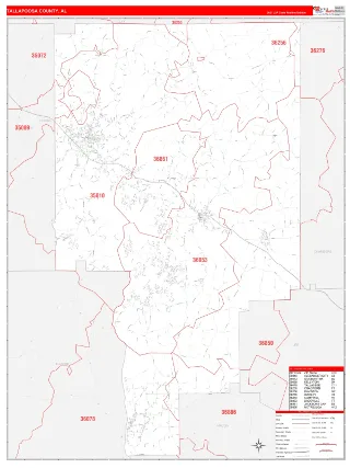 Tallapoosa County, AL RedLine style ZIP Code wall map