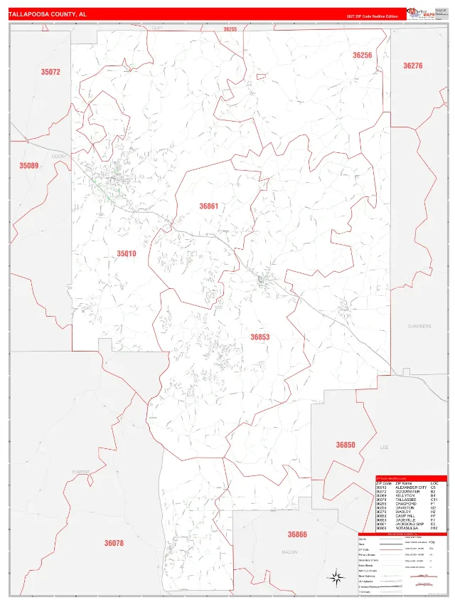 Tallapoosa County, AL ZIP Code Wall Map, RedLine style