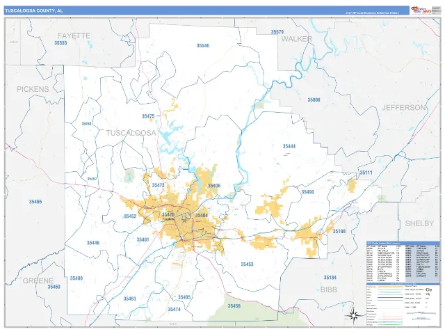 Tuscaloosa County, AL ZIP Code Wall Map, Business Reference style
