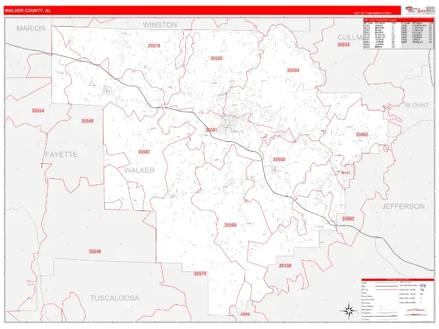 Walker County, AL ZIP Code Wall Map, RedLine style