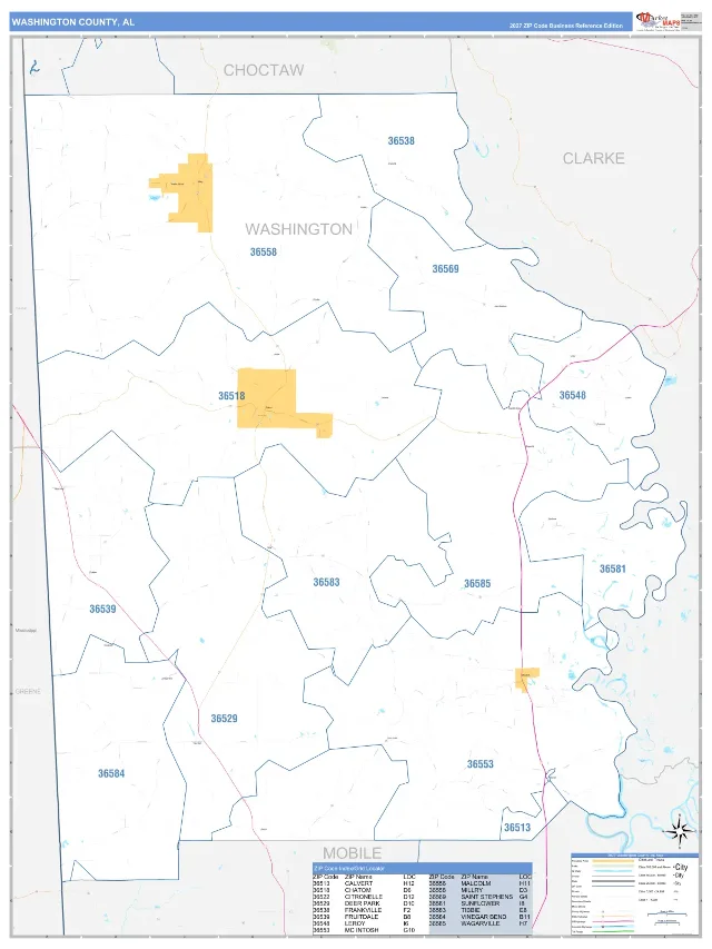 Washington County, AL ZIP Code Wall Map, Business Reference style