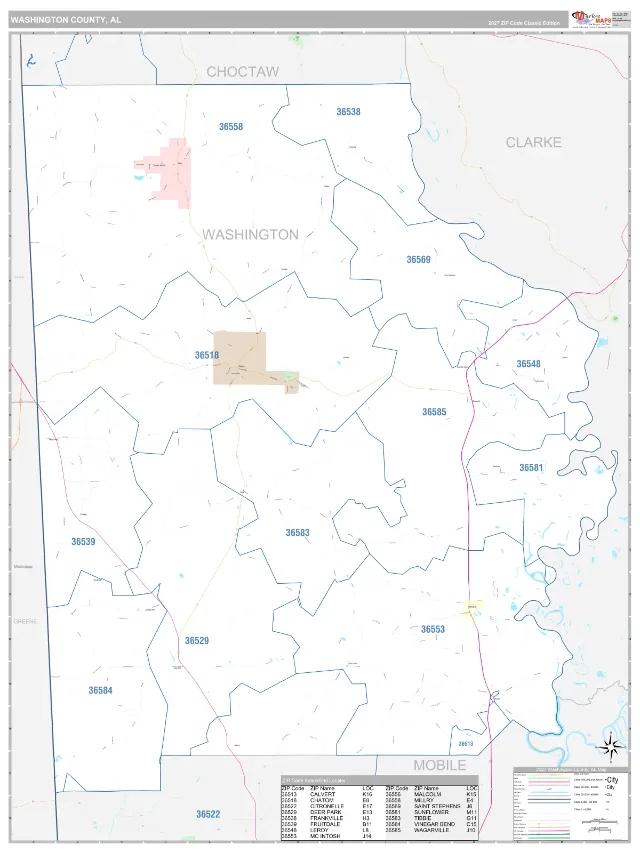 Washington County, AL ZIP Code Wall Map, Classic style