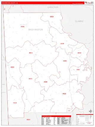 Washington County, AL RedLine style ZIP Code wall map