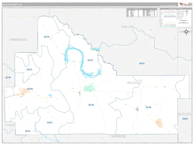 Wilcox County, AL ZIP Code Wall Map, Classic style