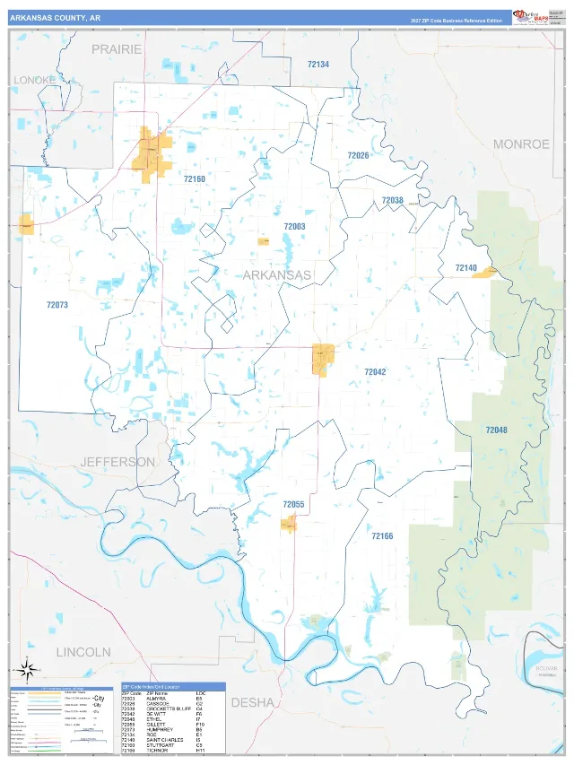 Arkansas County, AR ZIP Code Wall Map, Business Reference style
