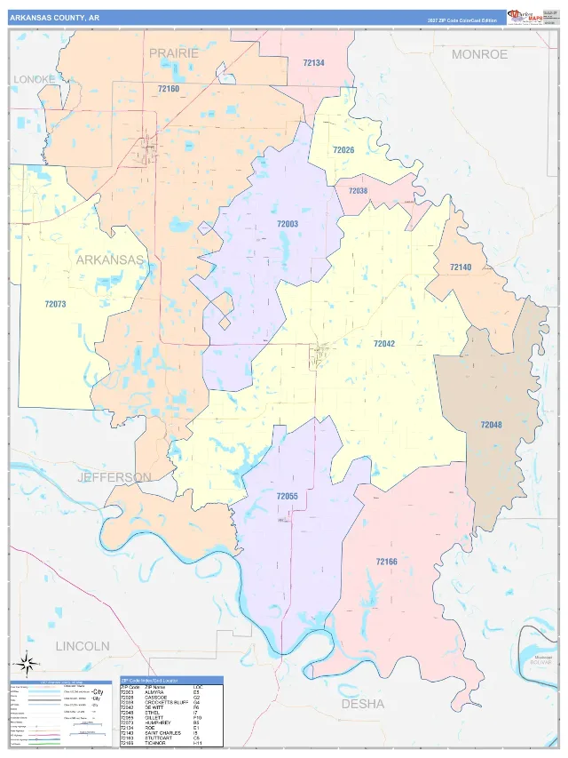 Arkansas County, AR ZIP Code Wall Map, ColorCast style