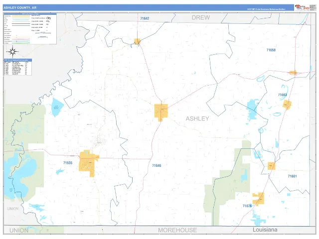 Ashley County, AR ZIP Code Wall Map, Business Reference style