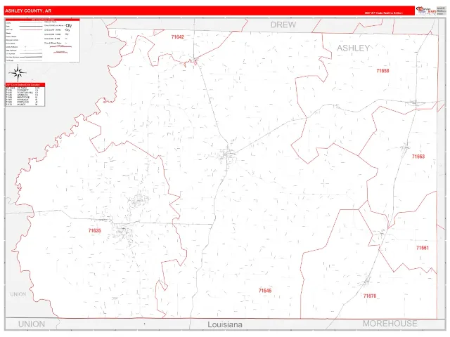 Ashley County, AR ZIP Code Wall Map, RedLine style
