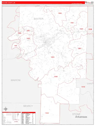Baxter County, AR RedLine style ZIP Code wall map