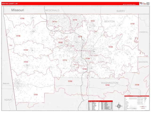 Benton County, AR ZIP Code Wall Map, RedLine style