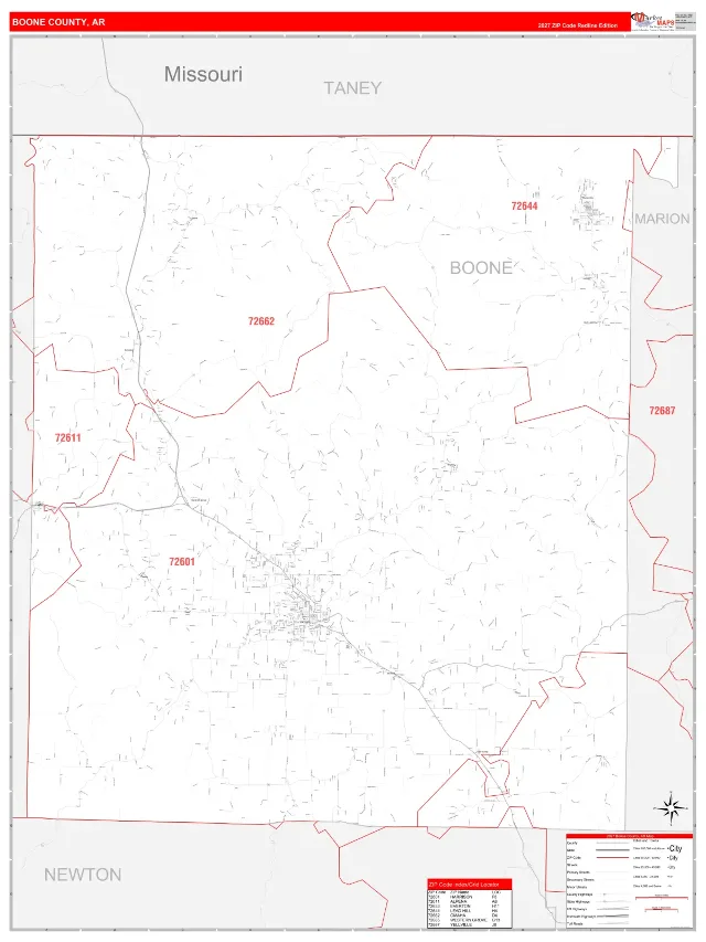 Boone County, AR ZIP Code Wall Map, RedLine style