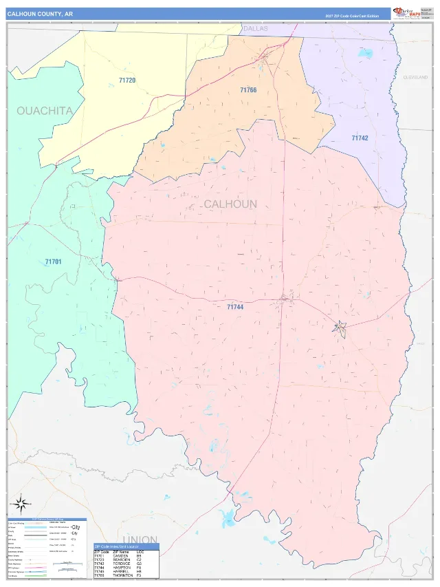 Calhoun County, AR ZIP Code Wall Map, ColorCast style