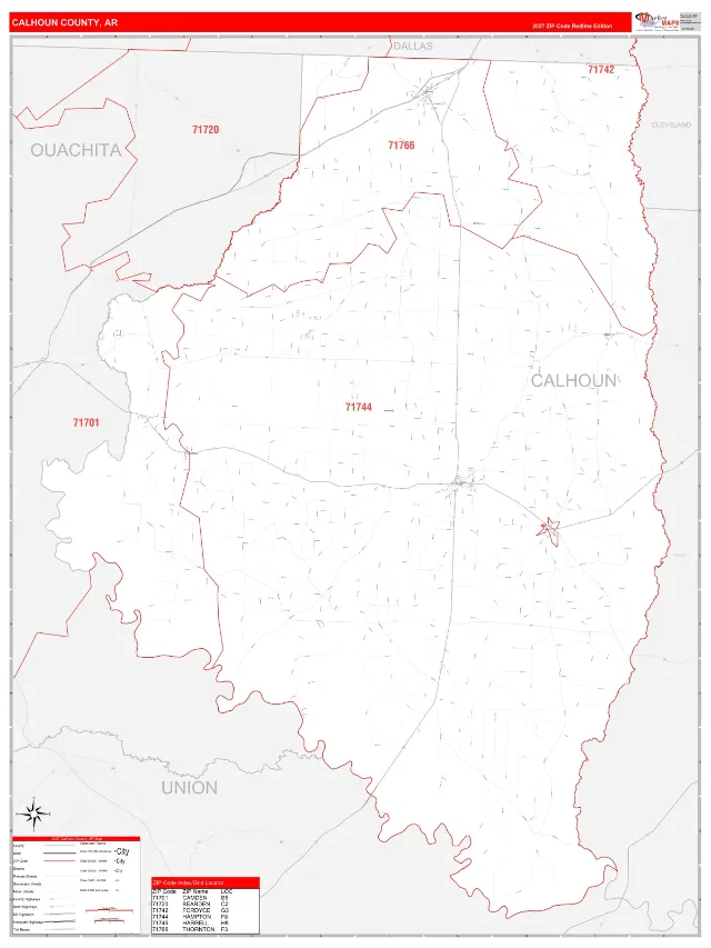 Calhoun County, AR ZIP Code Wall Map, RedLine style