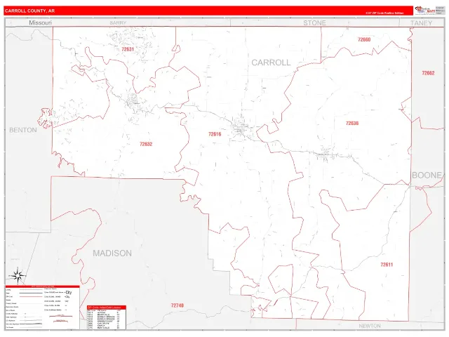 Carroll County, AR ZIP Code Wall Map, RedLine style