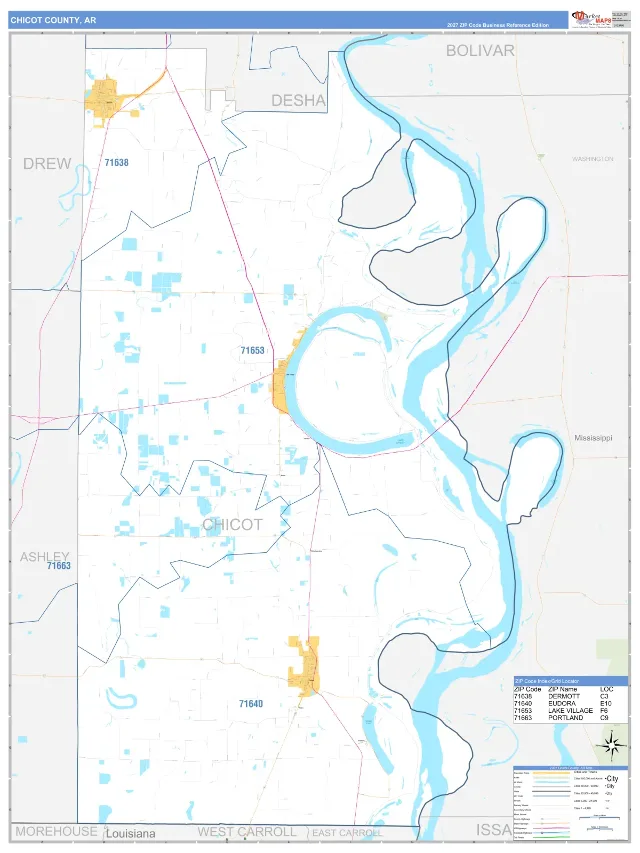 Chicot County, AR ZIP Code Wall Map, Business Reference style
