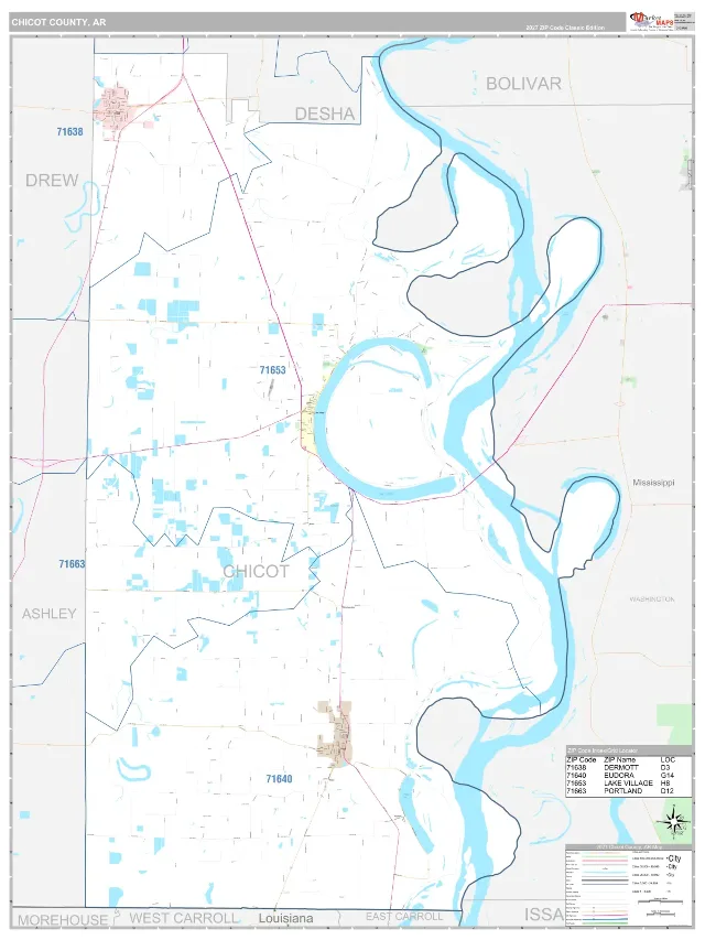Chicot County, AR ZIP Code Wall Map, Classic style