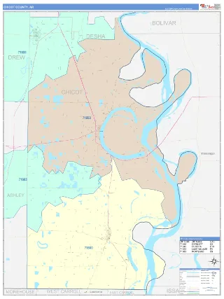 Chicot County, AR ColorCast style ZIP Code wall map