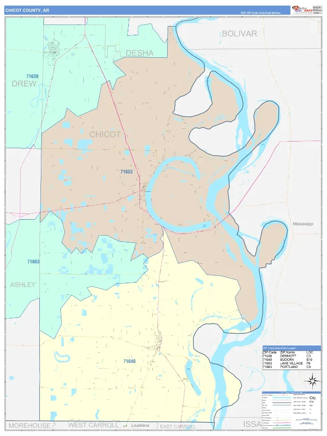 Chicot County, AR ZIP Code Wall Map, ColorCast style