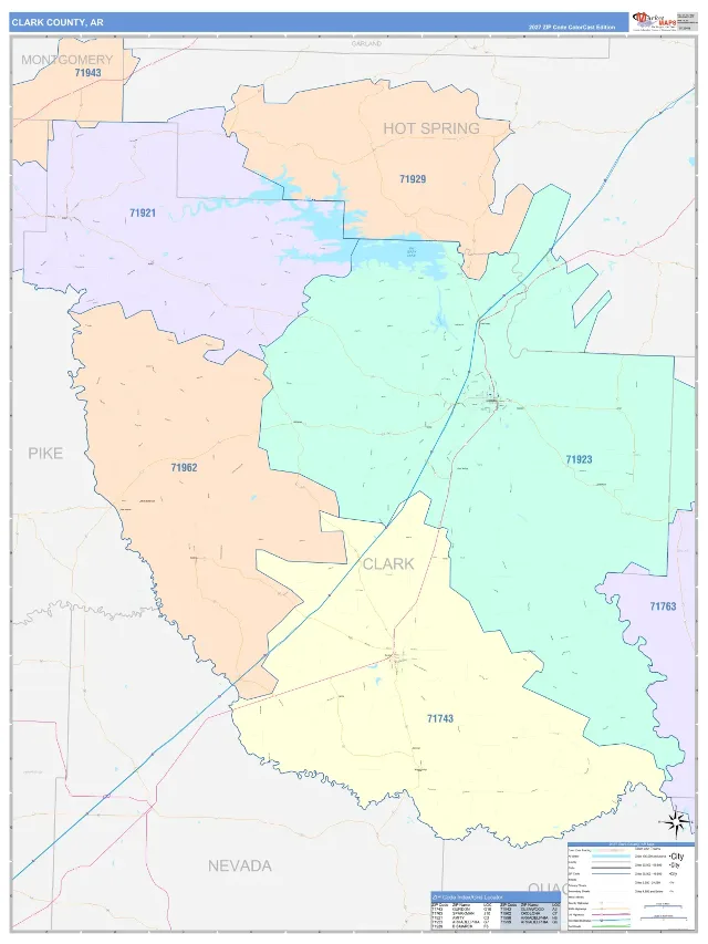 Clark County, AR ZIP Code Wall Map, ColorCast style