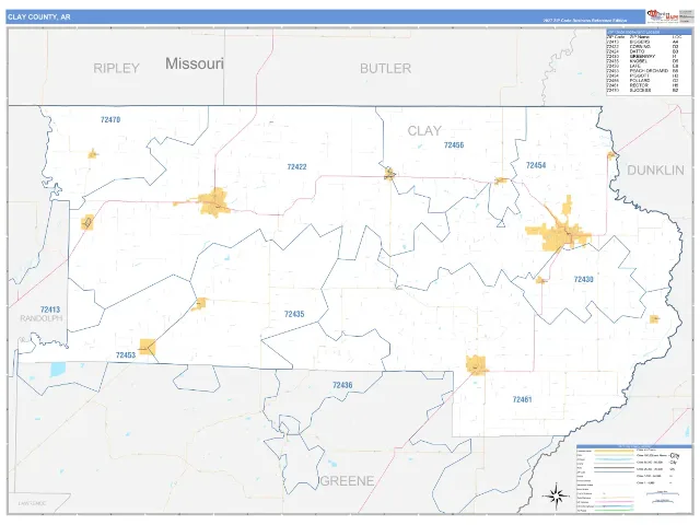 Clay County, AR ZIP Code Wall Map, Business Reference style