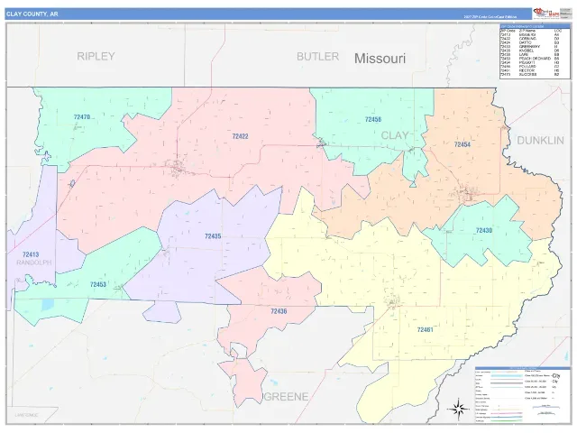 Clay County, AR ZIP Code Wall Map, ColorCast style