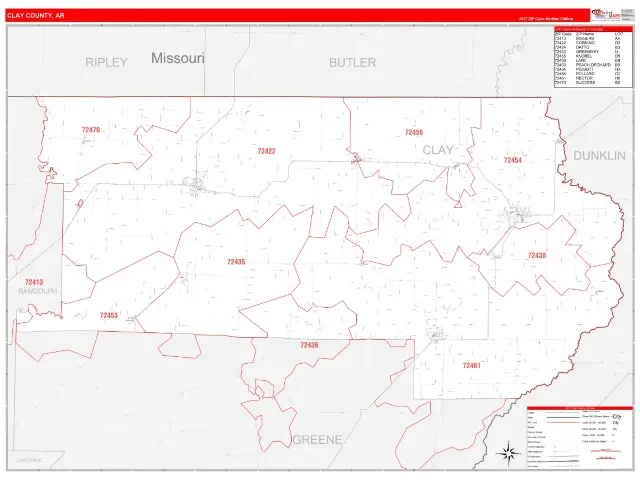 Clay County, AR ZIP Code Wall Map, RedLine style