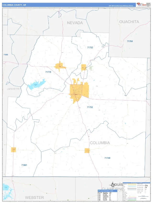 Columbia County, AR ZIP Code Wall Map, Business Reference style