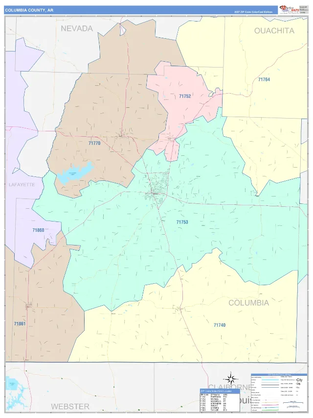 Columbia County, AR ZIP Code Wall Map, ColorCast style