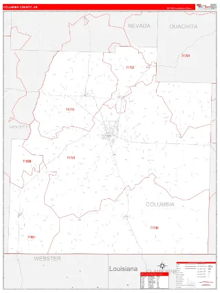 Columbia County, AR RedLine style ZIP Code wall map