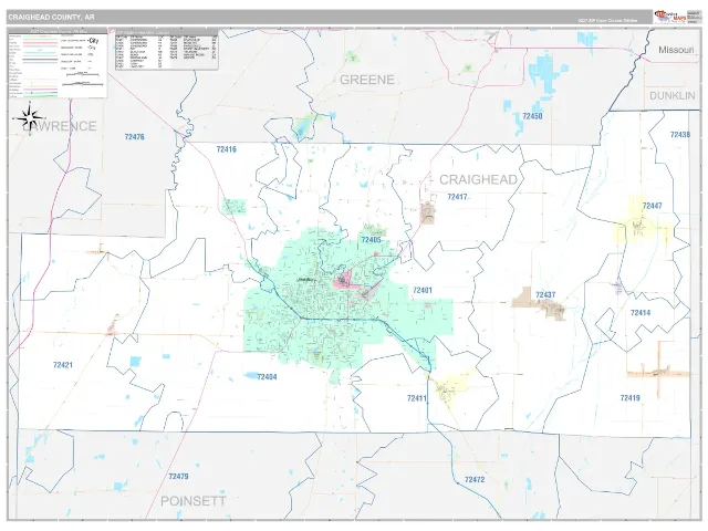Craighead County, AR ZIP Code Wall Map, Classic style