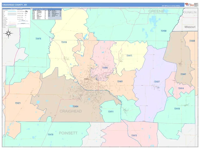 Craighead County, AR ZIP Code Wall Map, ColorCast style