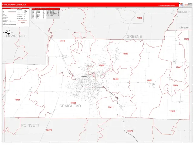Craighead County, AR ZIP Code Wall Map, RedLine style