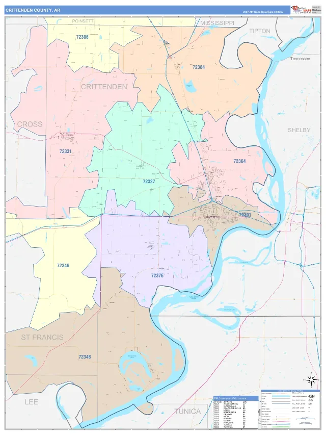 Crittenden County, AR ZIP Code Wall Map, ColorCast style