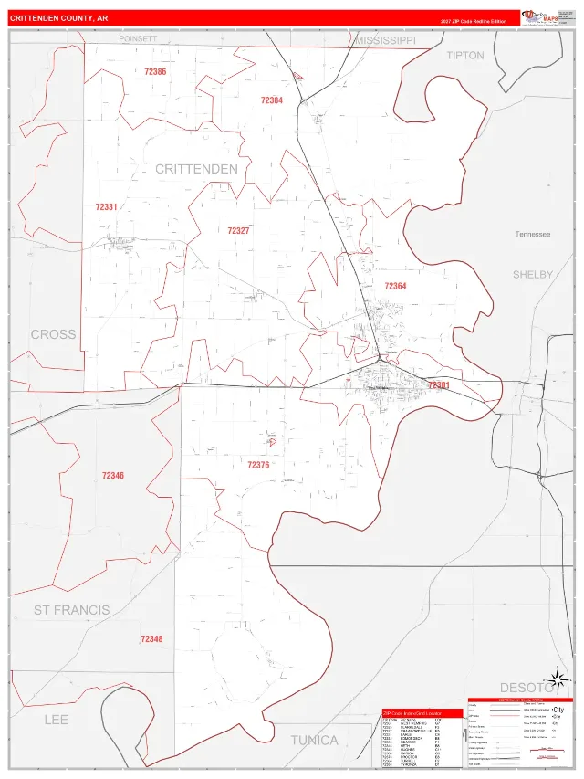 Crittenden County, AR ZIP Code Wall Map, RedLine style