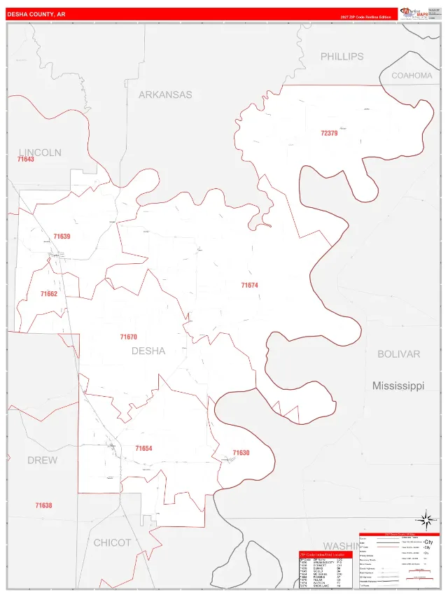 Desha County, AR ZIP Code Wall Map, RedLine style