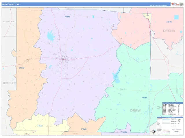 Drew County, AR ZIP Code Wall Map, ColorCast style