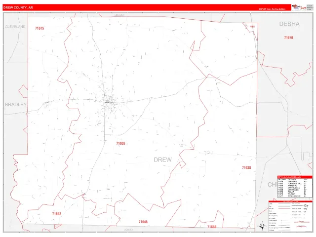 Drew County, AR ZIP Code Wall Map, RedLine style