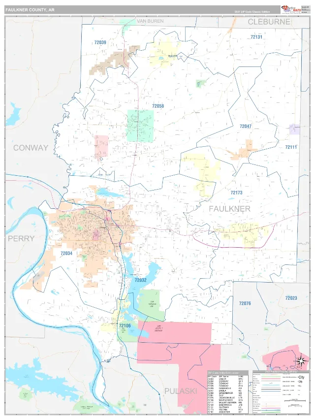 Faulkner County, AR ZIP Code Wall Map, Classic style