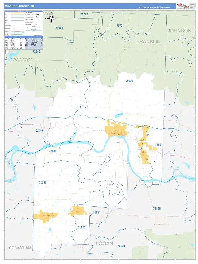 Franklin County, AR ZIP Code Wall Map, Business Reference style