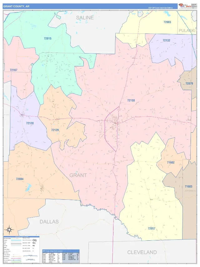 Grant County, AR ZIP Code Wall Map, ColorCast style