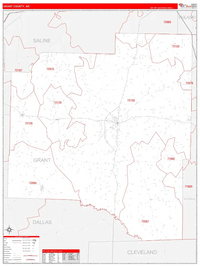 Grant County, AR ZIP Code Wall Map, RedLine style