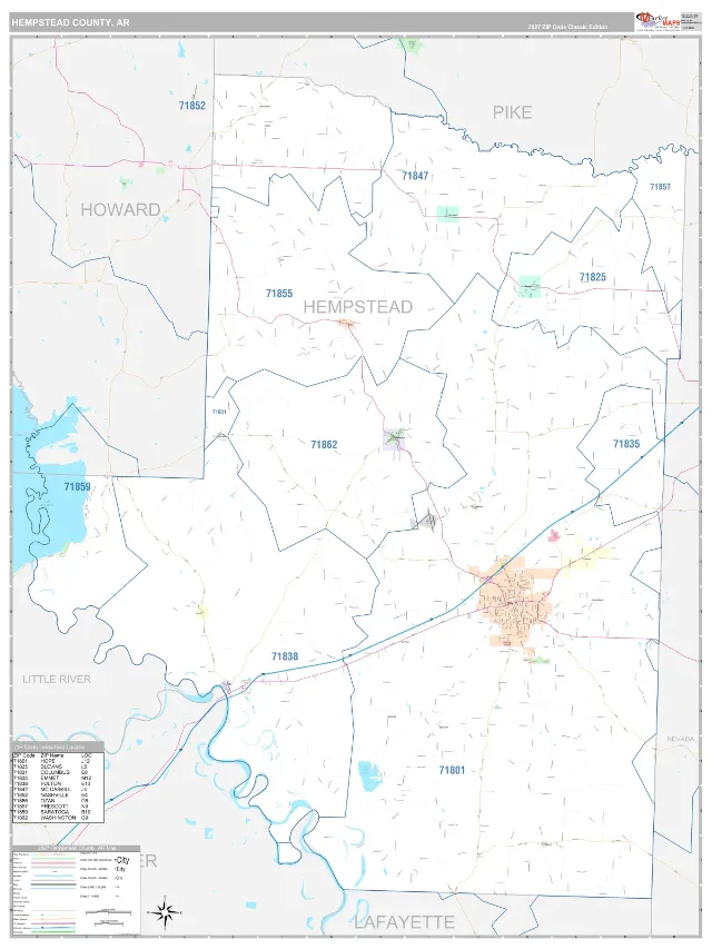 Hempstead County, AR ZIP Code Wall Map, Classic style