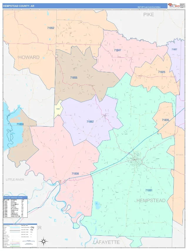 Hempstead County, AR ZIP Code Wall Map, ColorCast style