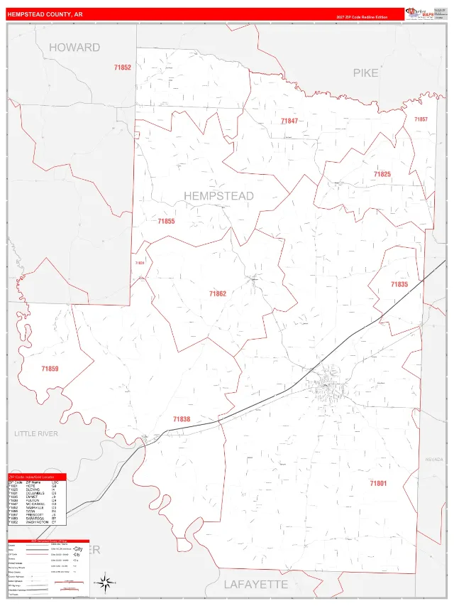 Hempstead County, AR ZIP Code Wall Map, RedLine style