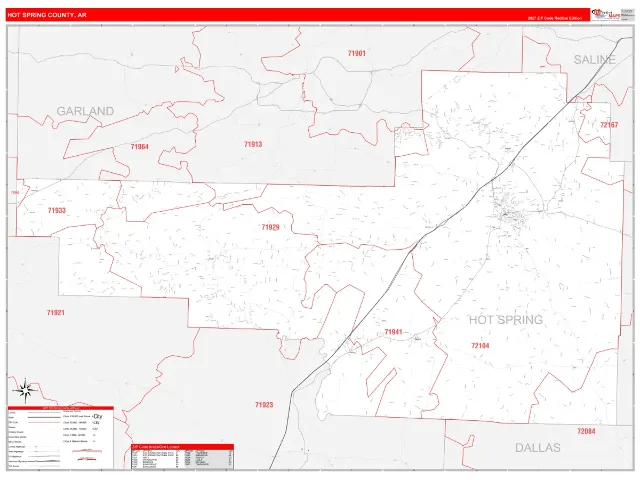 Hot Spring County, AR ZIP Code Wall Map, RedLine style