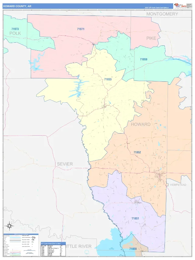 Howard County, AR ZIP Code Wall Map, ColorCast style
